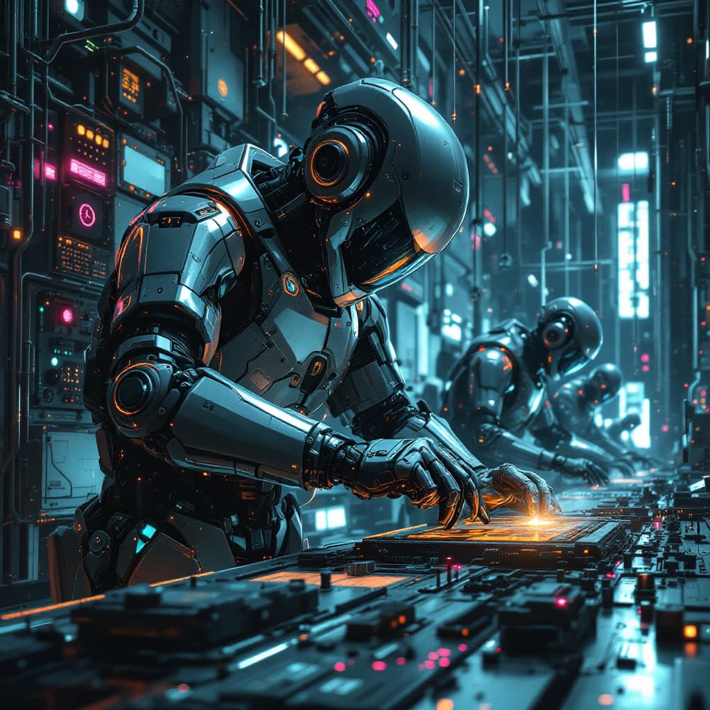 AI generated: Imagem futurística cyberpunk de trabalhadores trabalhando em siderúrgica metalúrgica