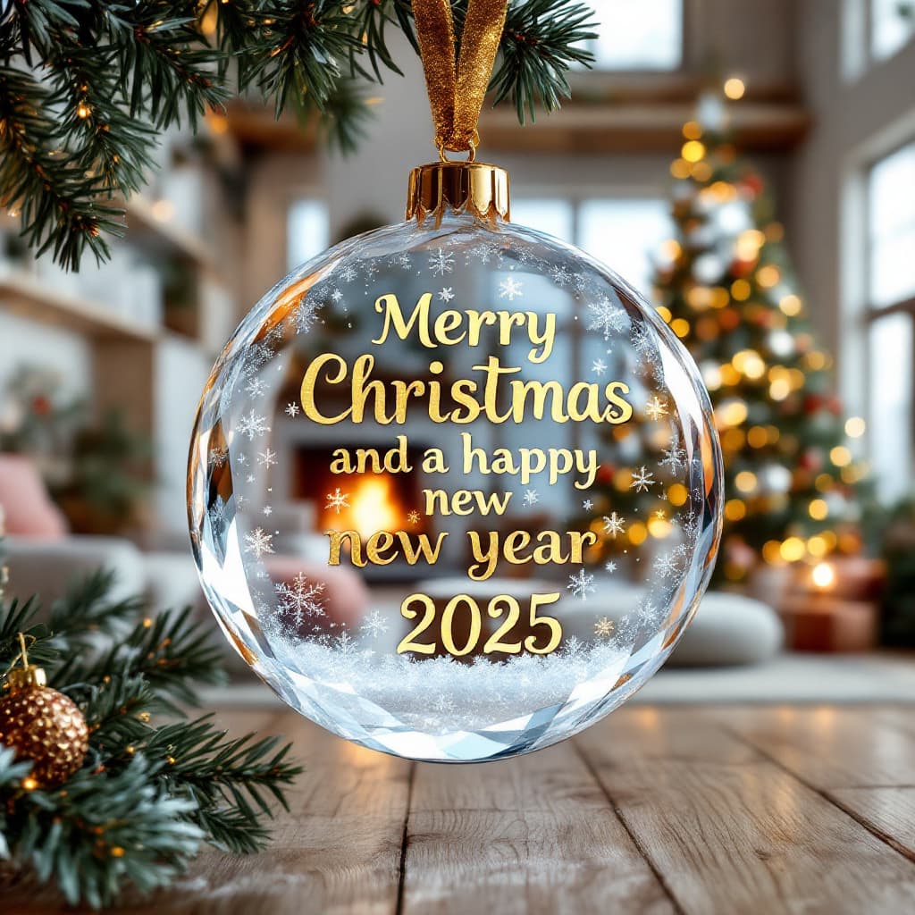 AI generated: High rcrystal ornament with beautiful snowflakes and the name "Merry Christmas and a Happy New year ...