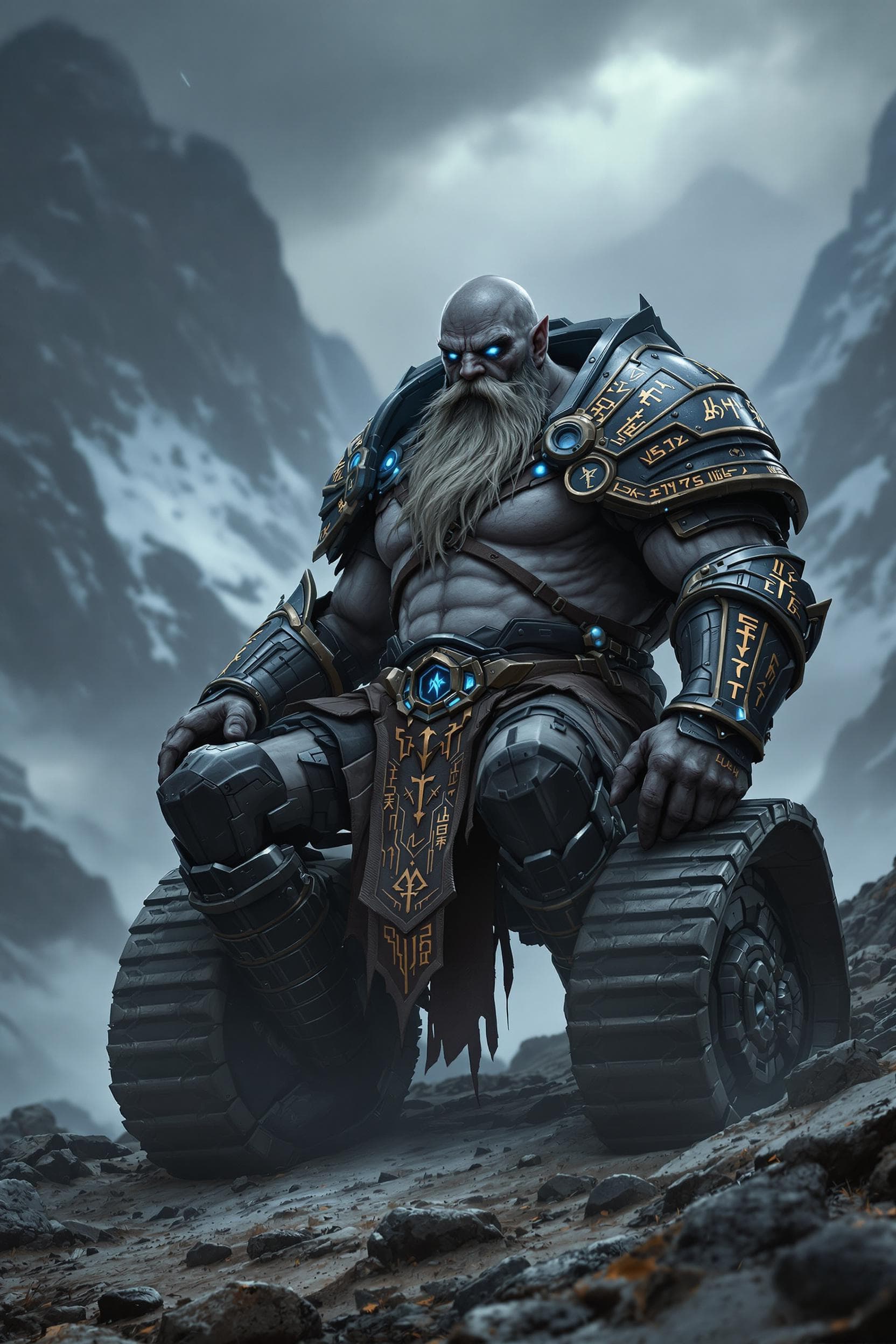 AI generated: High resolution photo full body, grey skin dark dwarf fighter, amputated legs!!! connected to tank l...
