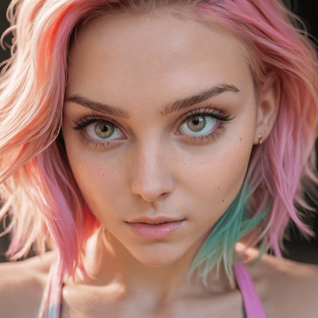 AI generated: A close-up an 18-year-old girl with rainbow hair and a sweaty face, looking seductively straight int...