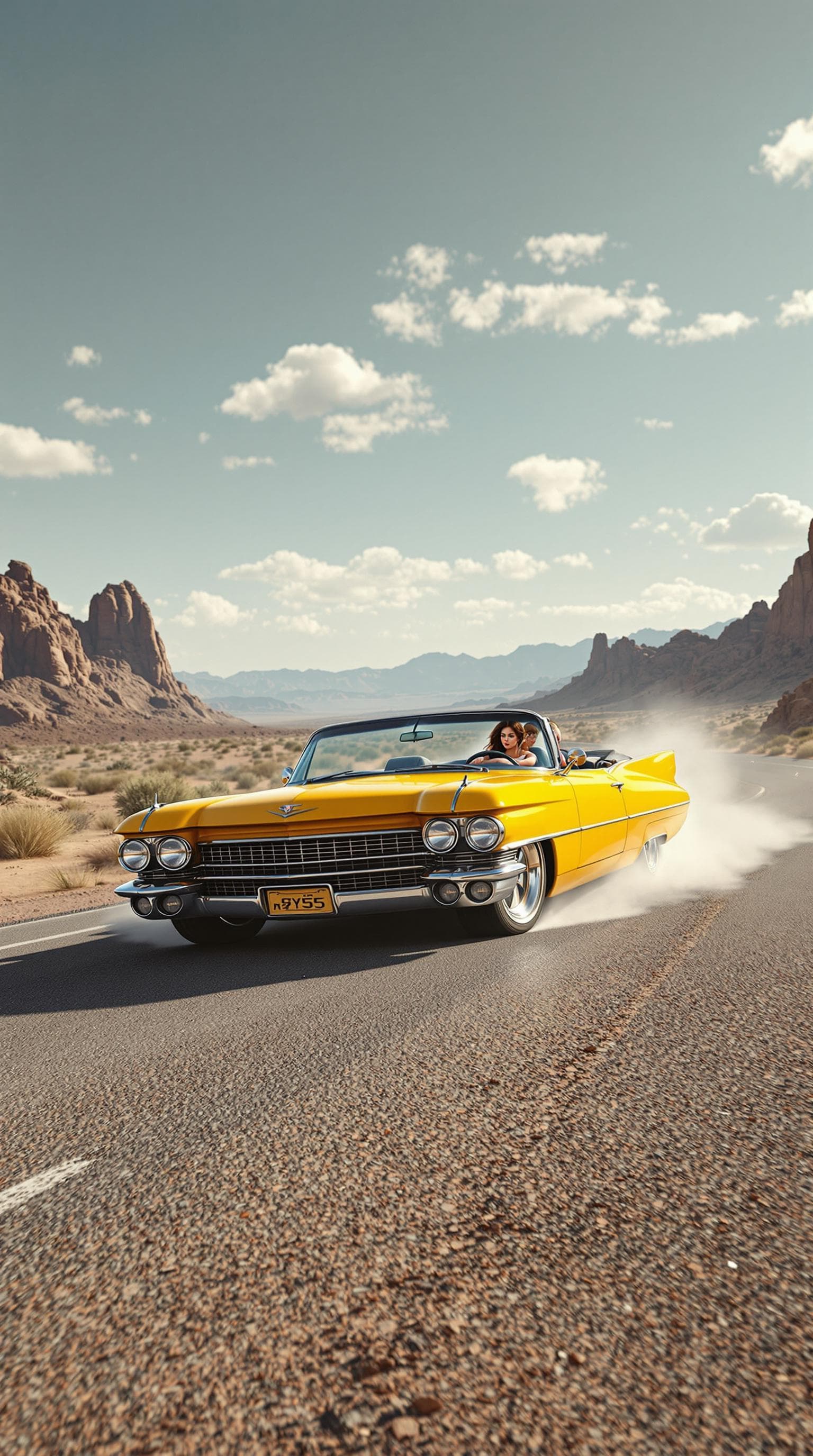 AI generated: Envision a 3D photorealistic, bright yellow 1960s Cadillac with a driver and girl charging down a Ne...