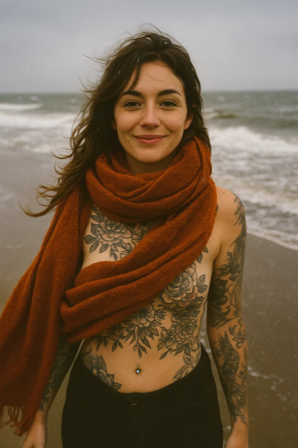 AI generated: Junge Frau (25–30) mit warmen braunen Augen, kastanienbraunem leicht gewelltem Haar, natürlichen Ges...