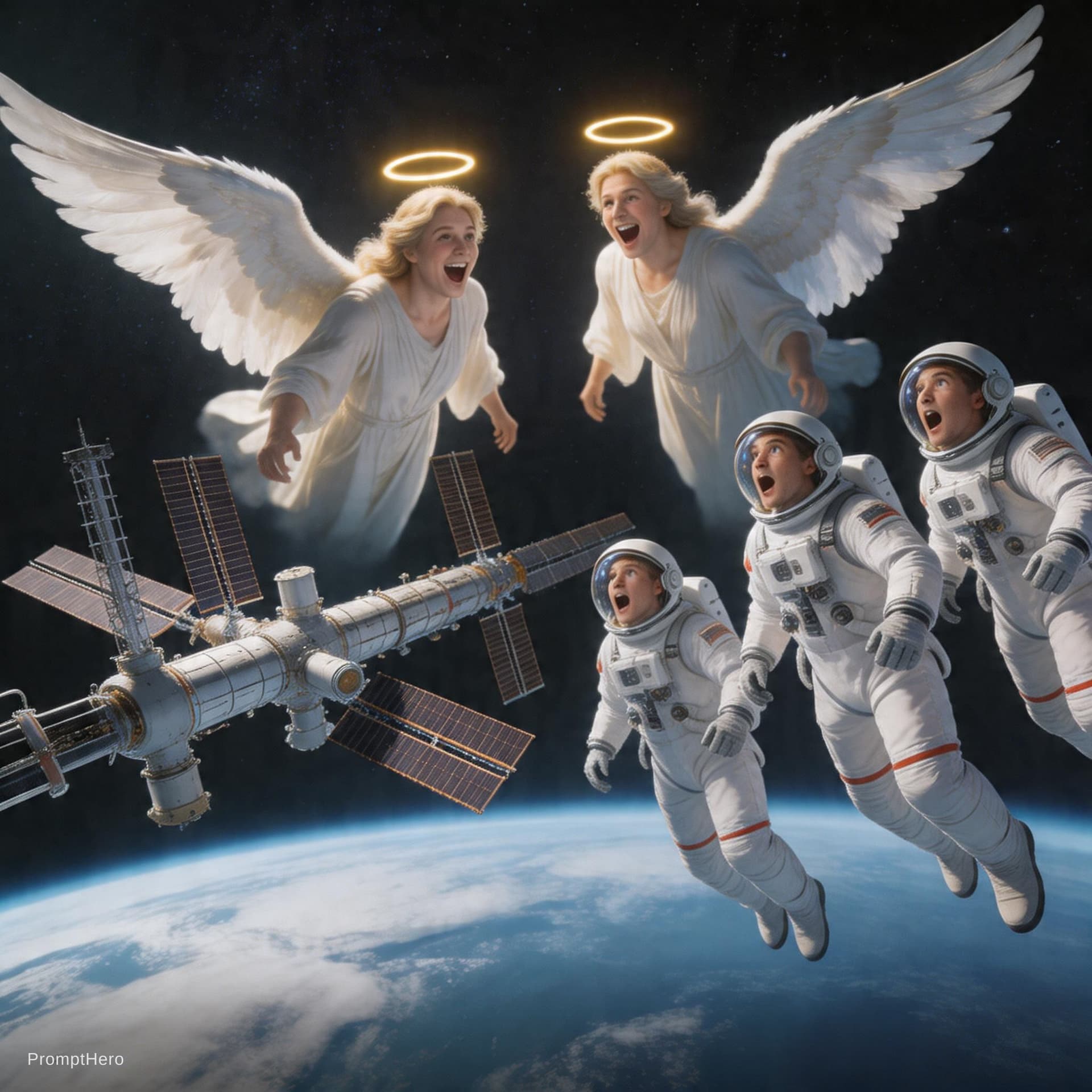 AI generated: Angeles gigantes  fiera de la estación espacial internacional se ríen mirando  los autrosnausta y lo...
