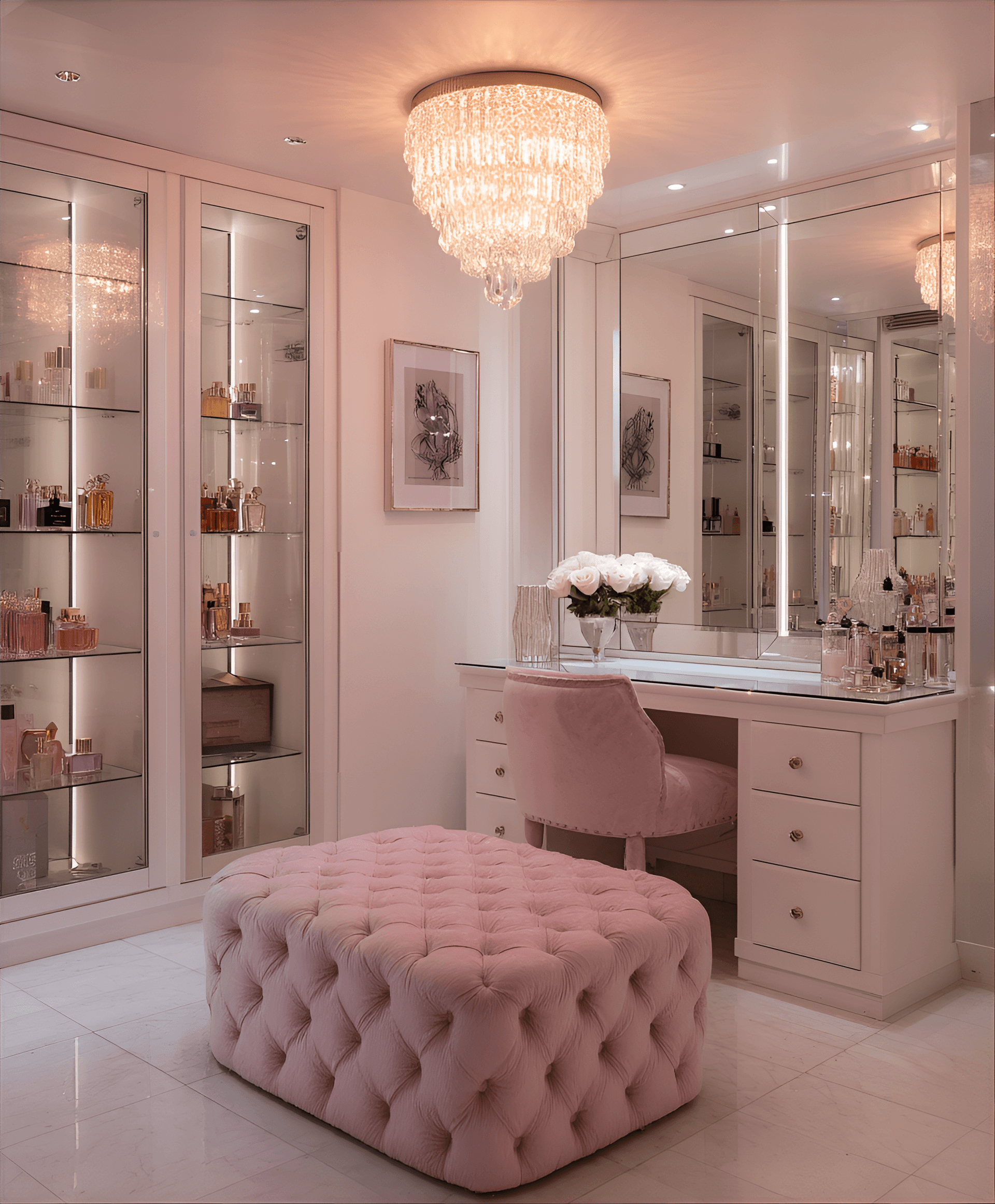 AI generated: photography, a chic dressing room featuring a vanity table, plush seating, and mirrored walls, refle...