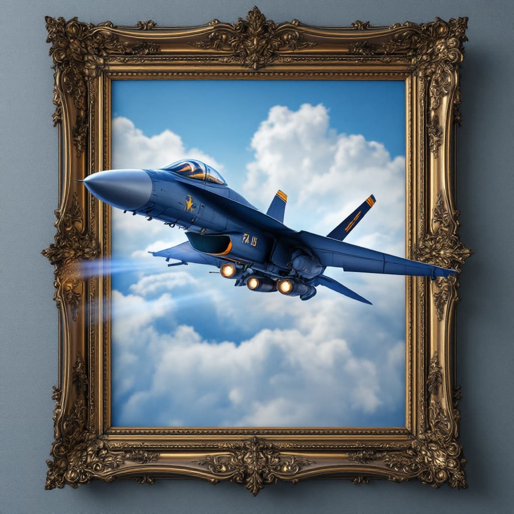 AI generated: A highly realistic 3D depiction of a navy blue FA-18 fighter jet bursting out of an ornate, gold-tri...