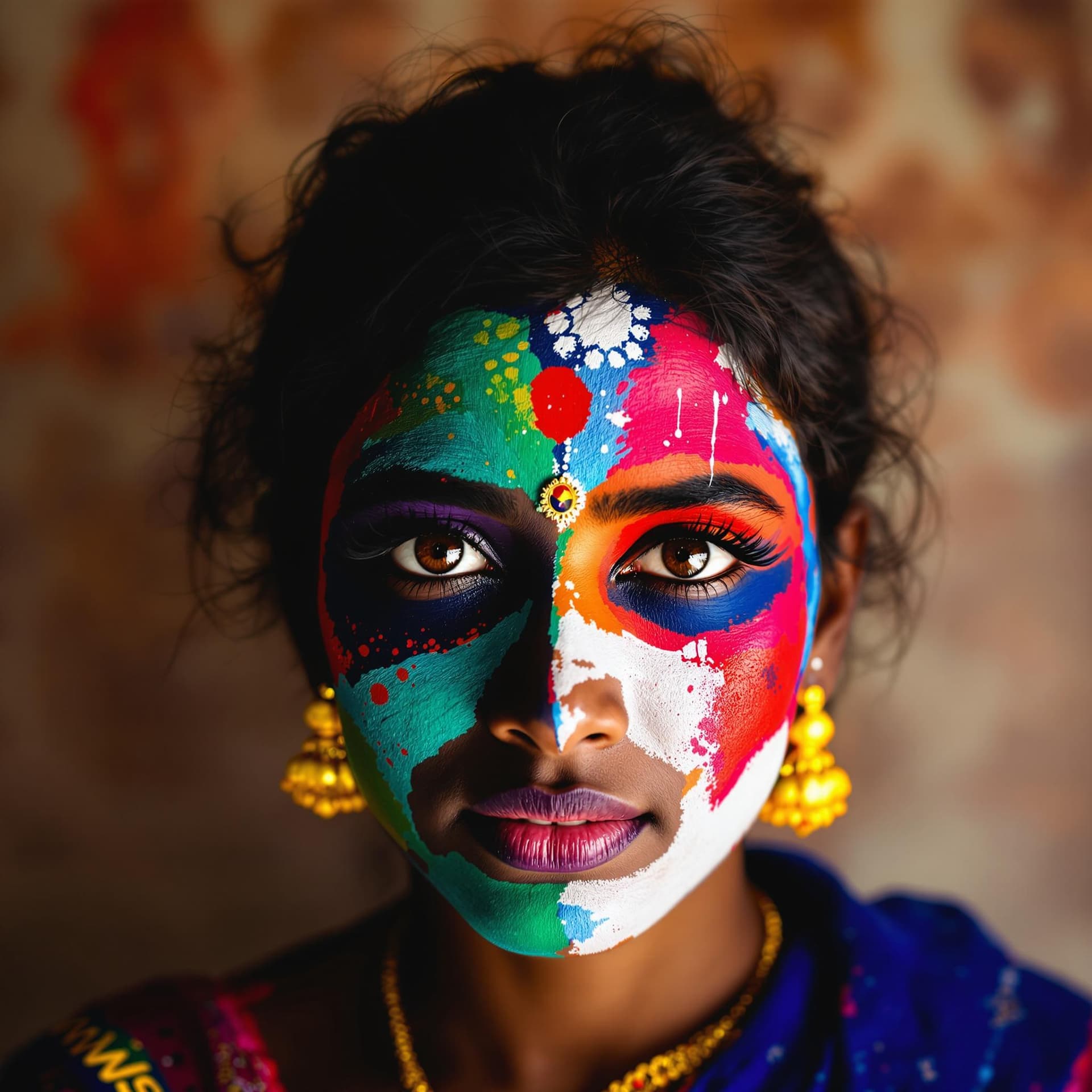 AI generated: Modern Indian Kerala girl with paint on her face, in the style of different colors, master of ink, a...