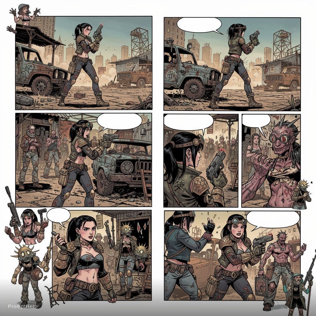 AI generated: Full body shot 3/4 view, young beautiful European woman, holding a gun, random illustrations to fill...