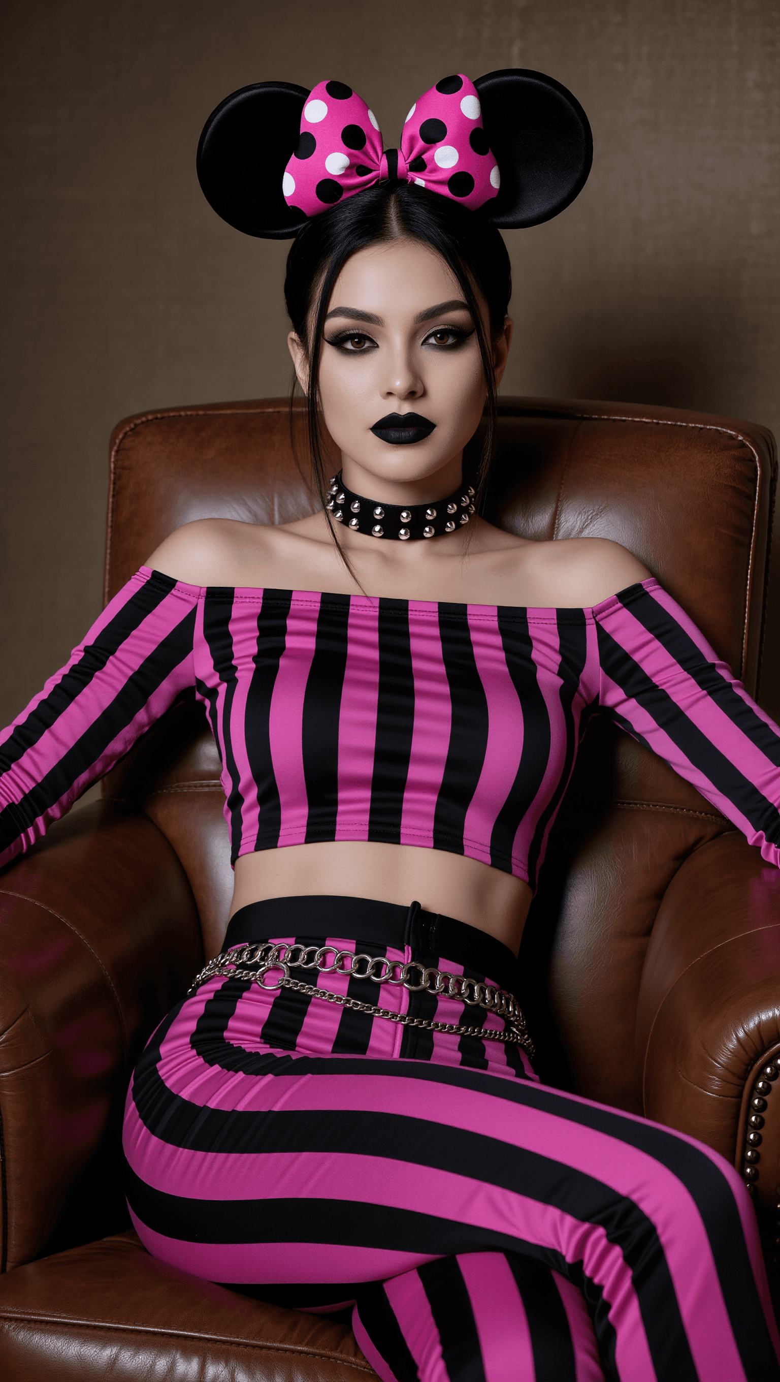 AI generated: A young Caucasian woman with striking makeup and black hair, styled with a pink and black polka dot ...