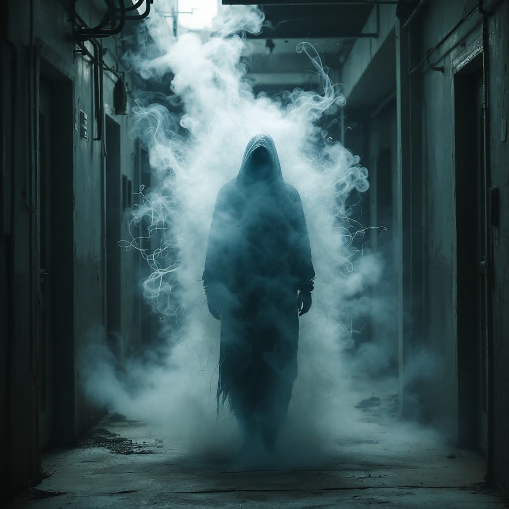 AI generated: surreal and atmospheric image, figure standing in a corridor, disintegrating into wispy, smoke-like ...