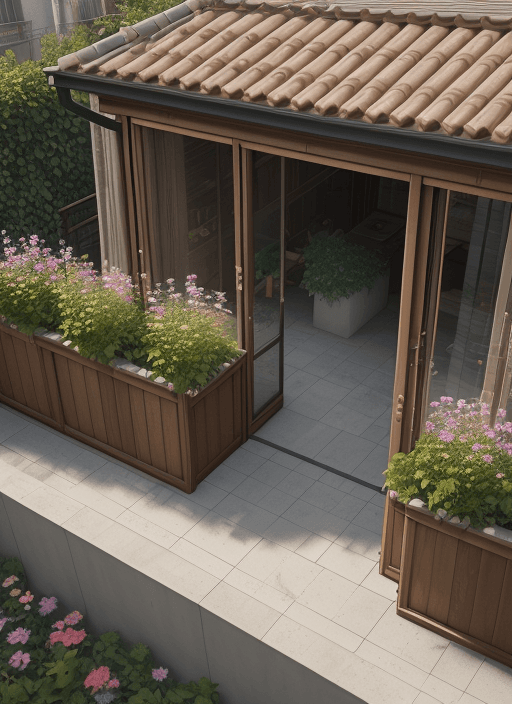 AI generated: Garden 1 meter long by 1 meter wide located on a balcony with a 1 meter parapet and with brown woode...