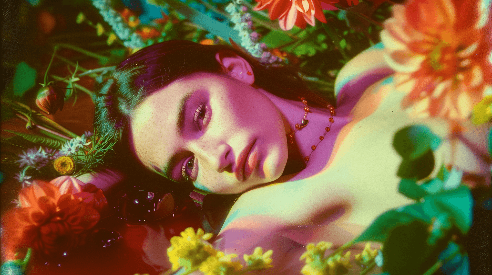 AI generated: polaroid of beautiful woman laying on her back, surrounded by flowers and greenery in the the style ...