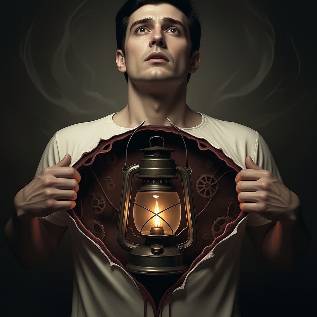 AI generated: An artistic simulation of a man holding his chest open with his hands and inside the heart is a brok...