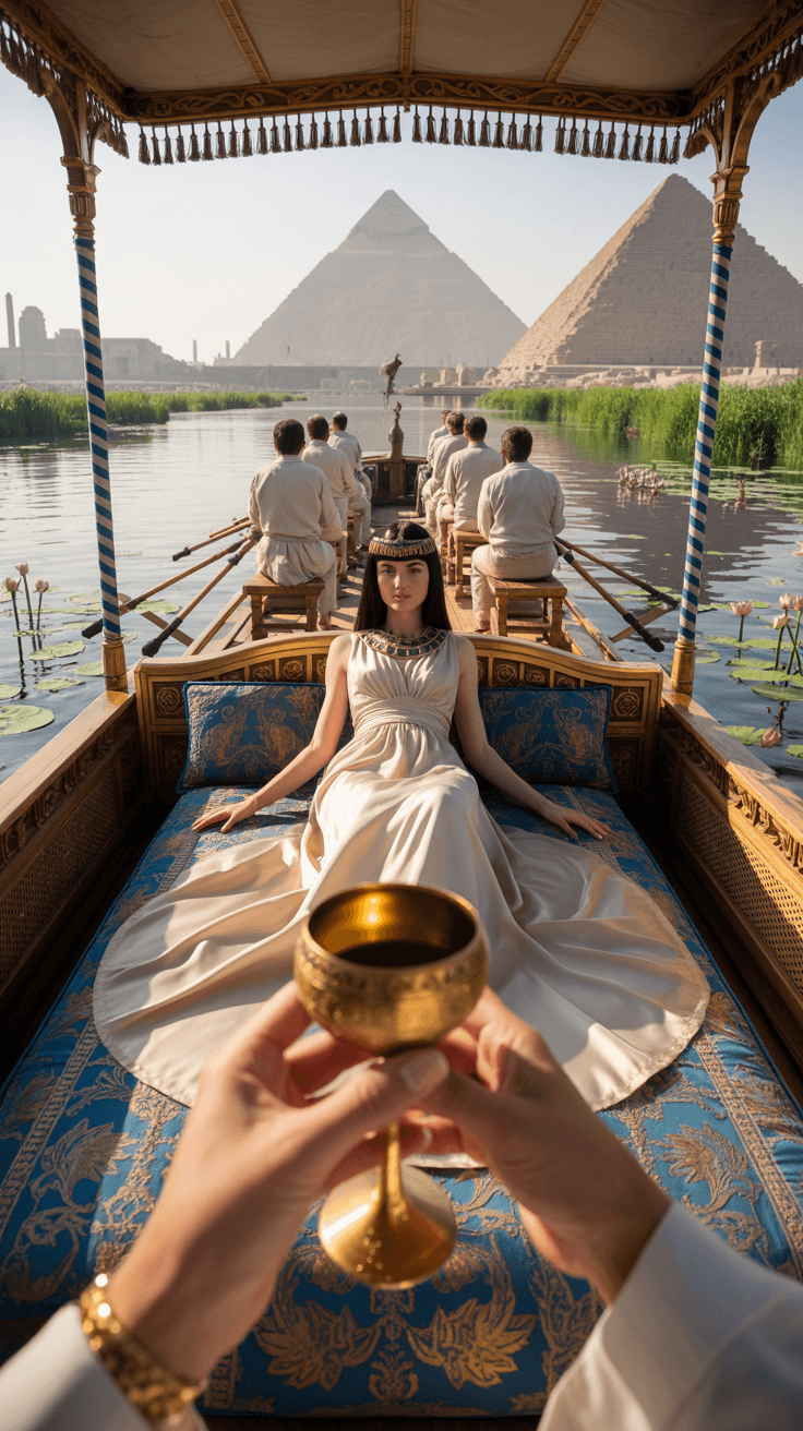 AI generated: A hyper-realistic first-person perspective of Cleopatra VII reclining on a silk-covered chaise aboar...
