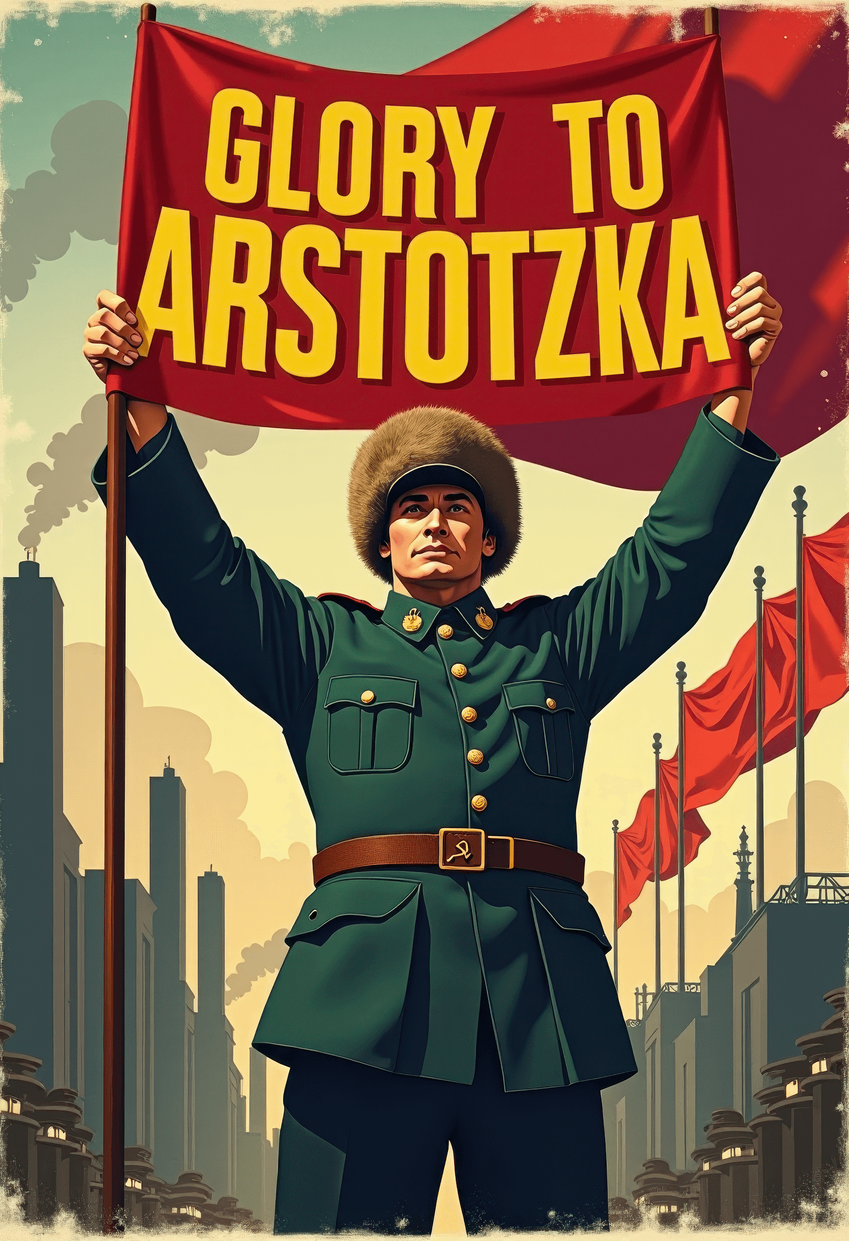 AI generated: Create a retro-style propaganda poster featuring a Soviet-era man holding a sign that reads "Glory t...