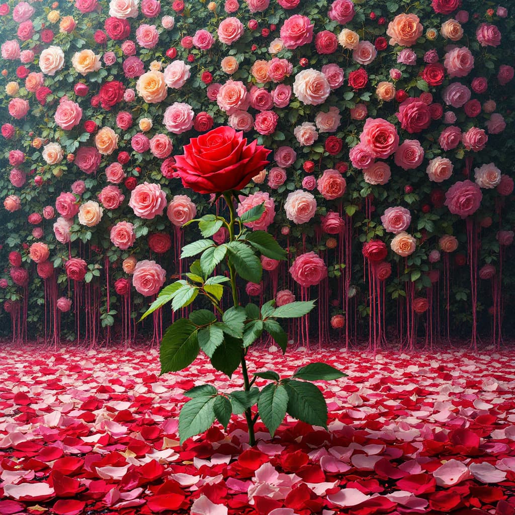 AI generated: A red rose shines in front of an immense rose bush that creates a surreal wall of more various color...