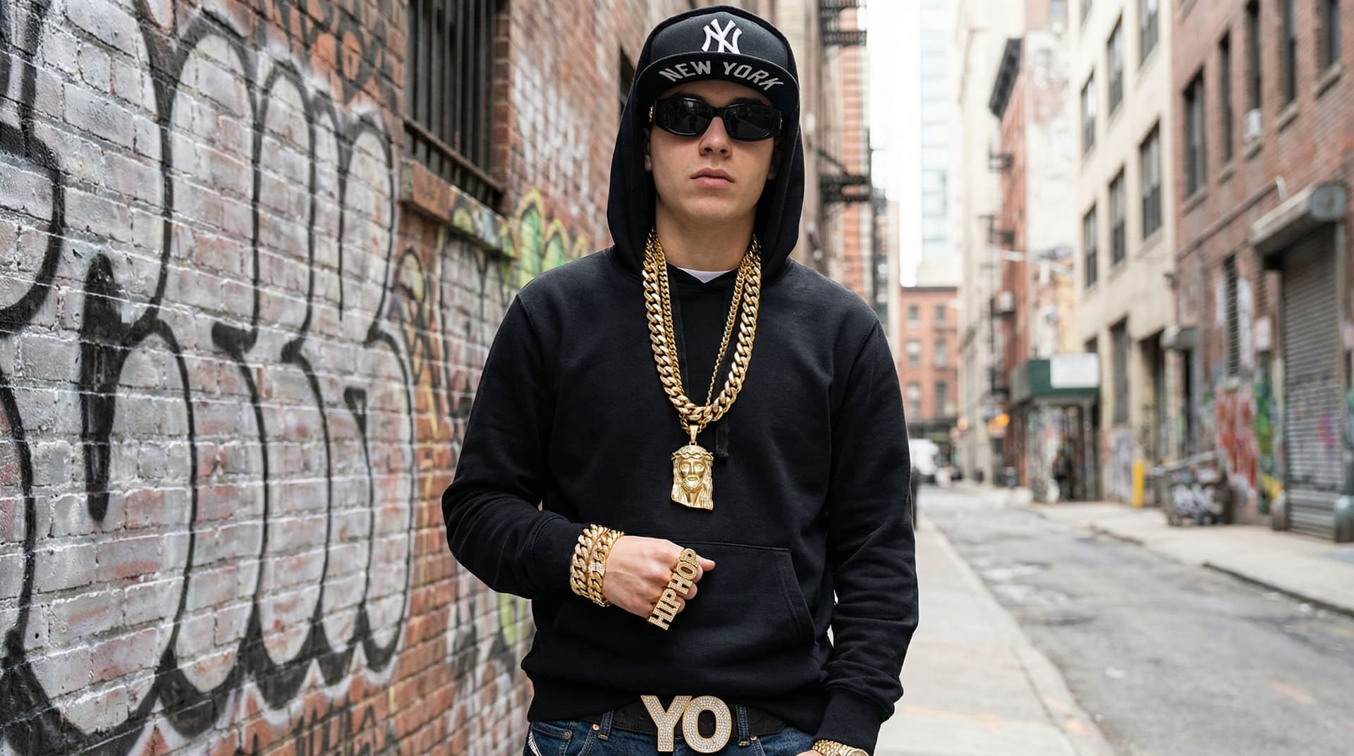 AI generated: A young male model wearing a black sweatshirt and a black New York Yankees cap is fully styled with ...