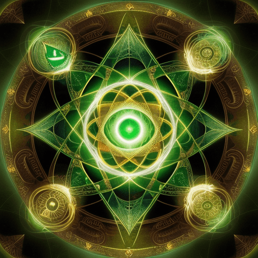 AI generated: nautical, all seeing eye of Horus, green and gold, torus energy field, The flower of life.
