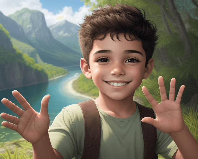 AI generated: realistic image of a boy with latino features smiling and waving his hand with a nature background