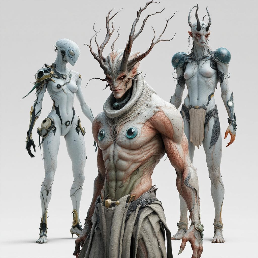 AI generated: Create unique, fleshly, organic, human-like species, Male and Female, that match this description. A...