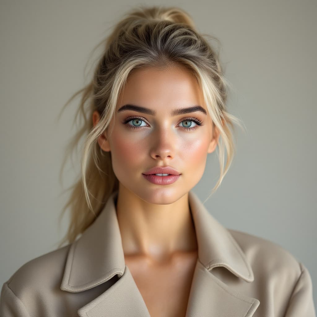 AI generated: A 26-year-old American model with icy blonde hair in a ponytail, oval-shaped face, fair glowing skin...