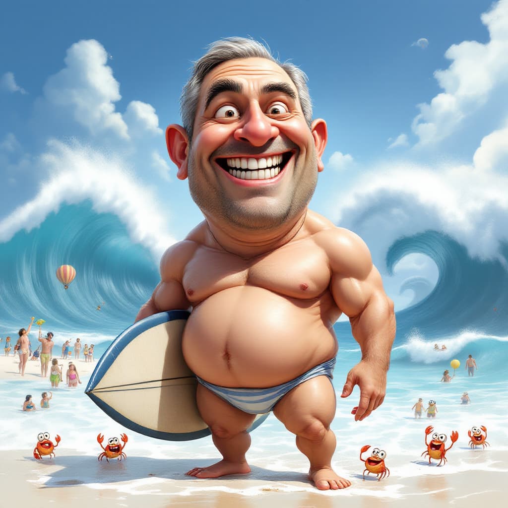 AI generated:  a humorous, exaggerated caricature of Greek minister Kyriakos Mitsotakis. His face has oversized, i...