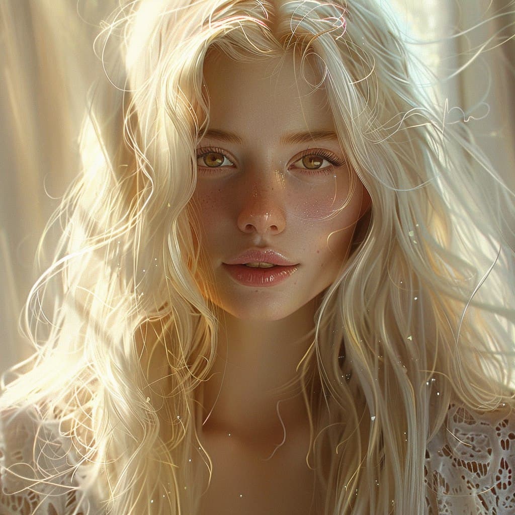 AI generated: hyper-realistic portrait of a young woman with long, flowing, platinum blonde hair that glows softly...