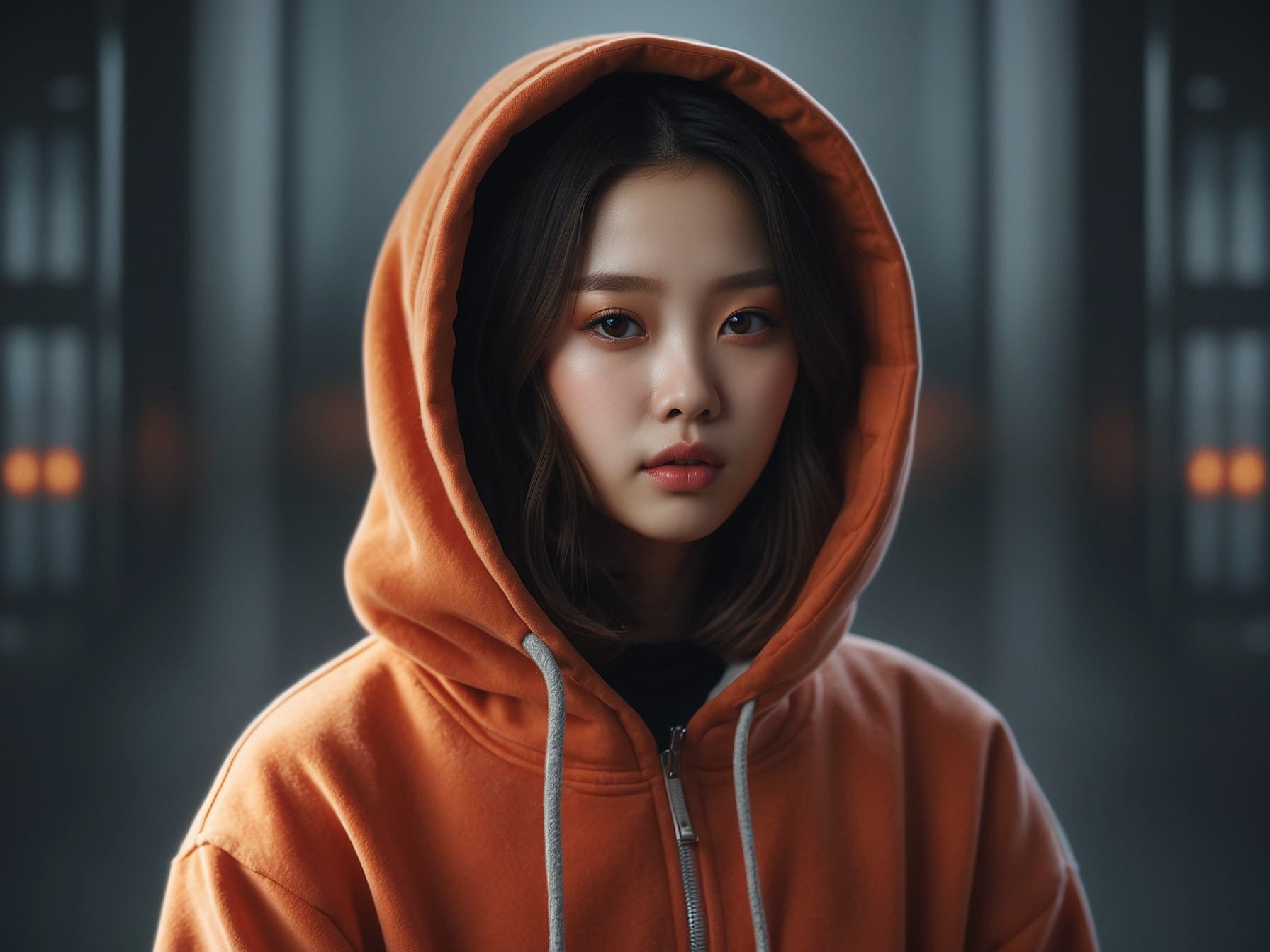 AI generated: a woman in an orange hoodie looking at the camera, a photorealistic painting by Sim Sa-jeong, featur...