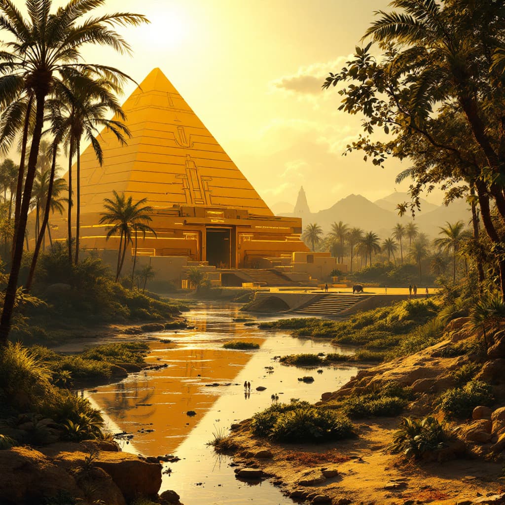AI generated: A vast golden Abydos Eygpt City in the back of rich thick lush beautiful jungle  thives with rivers ...