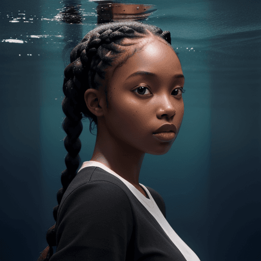 AI generated: fully clothed black girl with braids inside the depth of the ocean, hyper-realistic, 8k image 