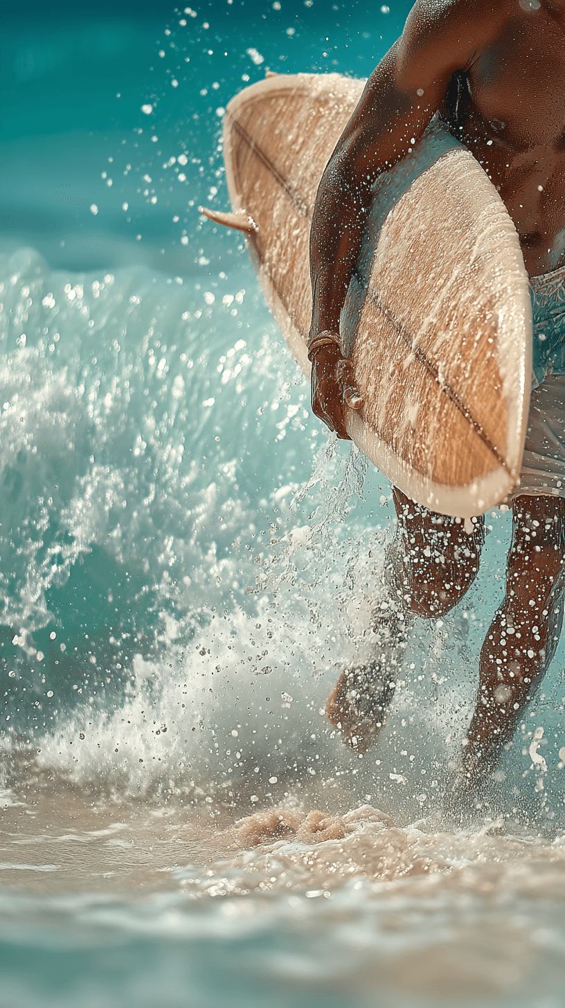 AI generated: photography, tilt snap shot, surfer carrying single fin board in caribbean mood , by the sea, realis...