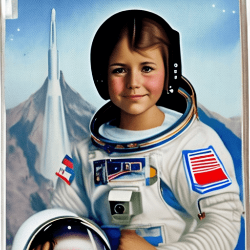 AI generated: Photorealistic image of a 12-year-old girl of European appearance in an astronaut's uniform. On the ...
