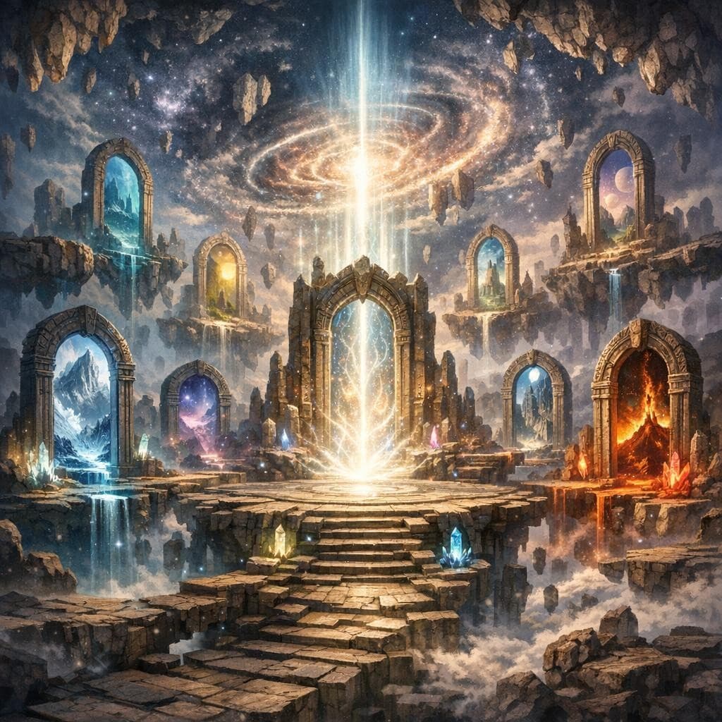 AI generated: Create a unique environment/Biome of a Gates → The Threshold Nexus (doorways to everywhere)
