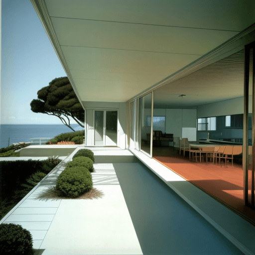 AI generated: Hyper realistic eye level exterior photo of a mid century modern style house overlooking the ocean, ...