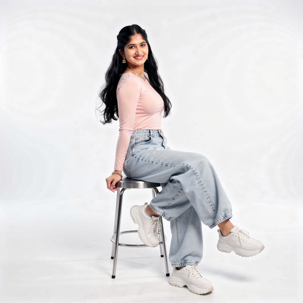 AI generated: A highly detailed, photorealistic, cinematic high-angle full-body studio shot of a cute and stylish ...