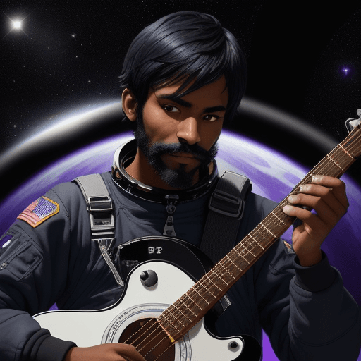 AI generated: Create a unique avatar astronaut playing guitar amidst the backdrop of a black hole in space, that a...