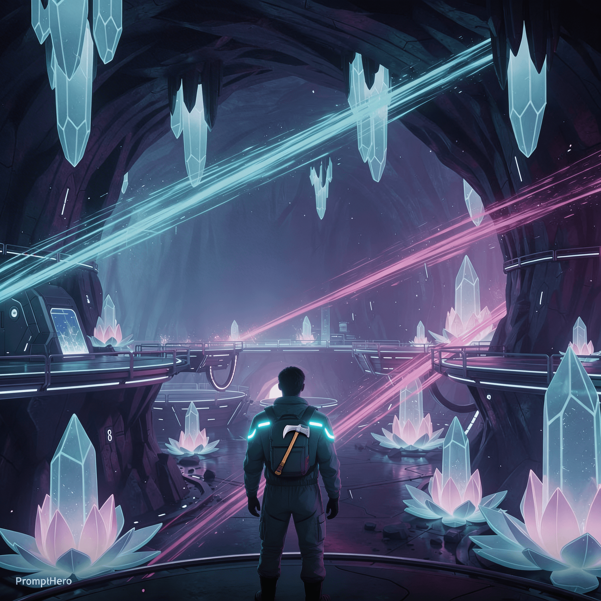 AI generated: lone figure seen from behind standing at entrance of massive digital energy 
mine, looking into vast...