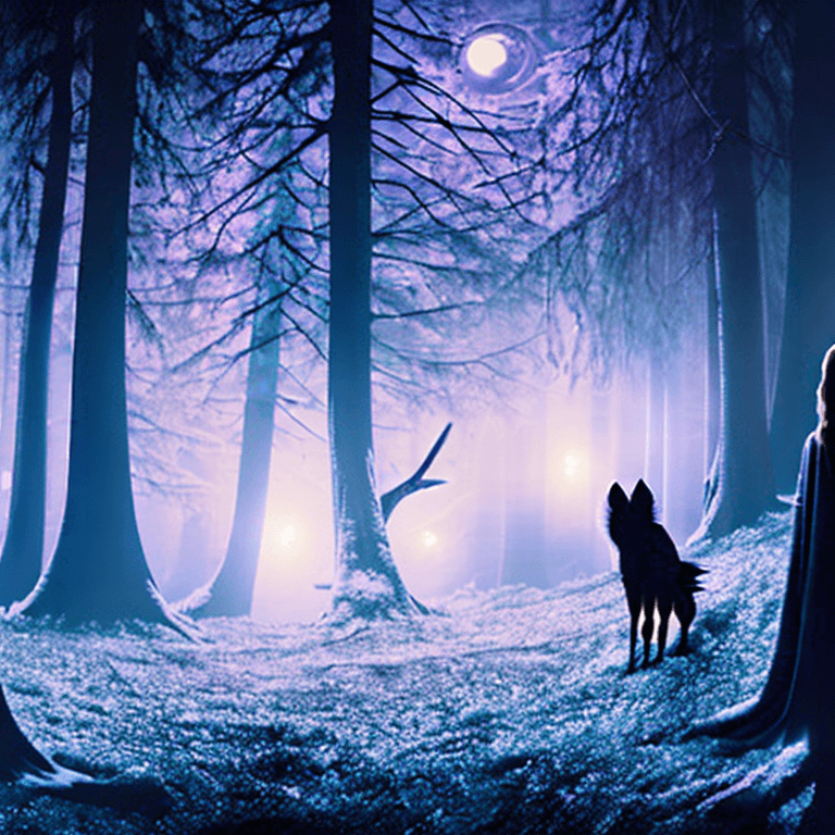 AI generated: An enchanting panoramic shot of a deep dark forest at night, bathed in an ethereal glow from the blo...