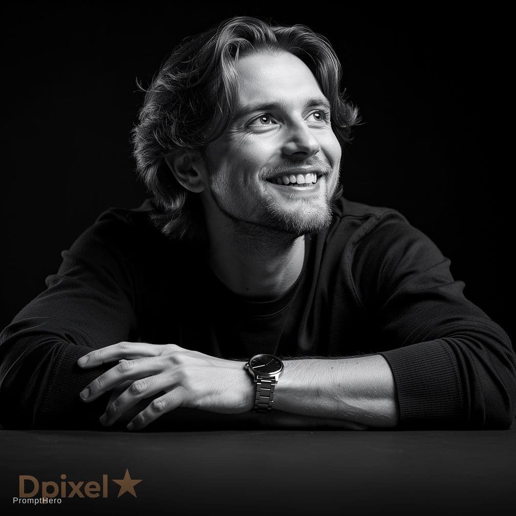 AI generated: Ultra-realistic cinematic black and white portrait of a smiling upload image leaning forward with ar...