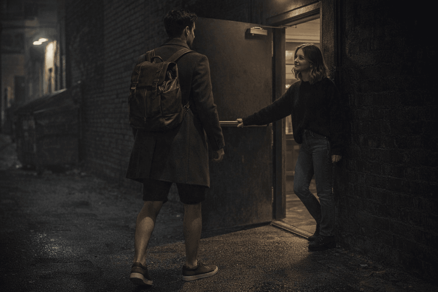 AI generated: At night. The male model is standing at a dark ally with the back door open. The male model is weari...