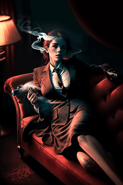 AI generated: photography, dimly lit room with a hazy atmosphere, capturing a female figure lounging on a deep cri...