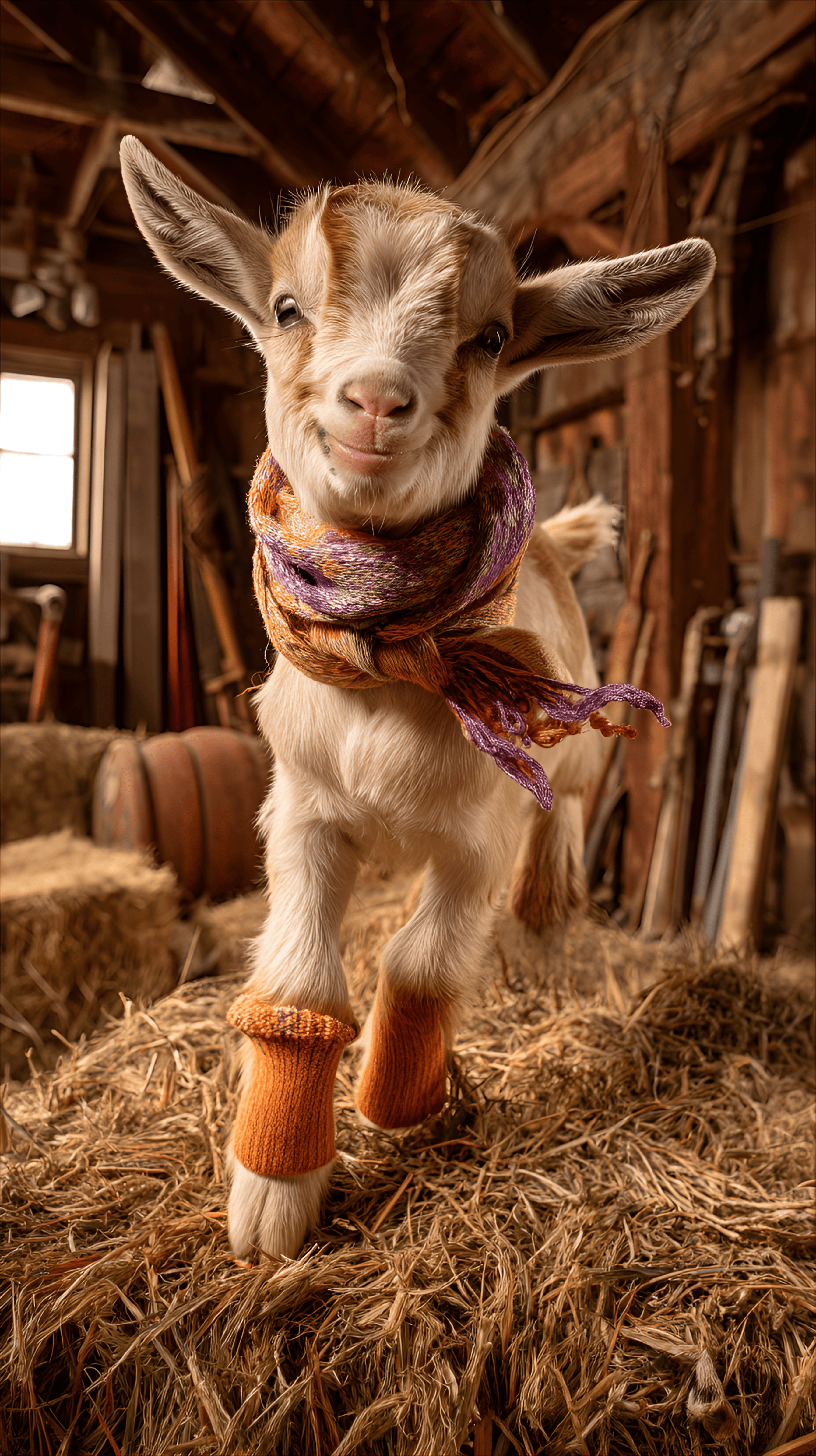 AI generated: a mischievous baby goat with expressive eyes and slightly messy fur, wearing a small colorful scarf ...