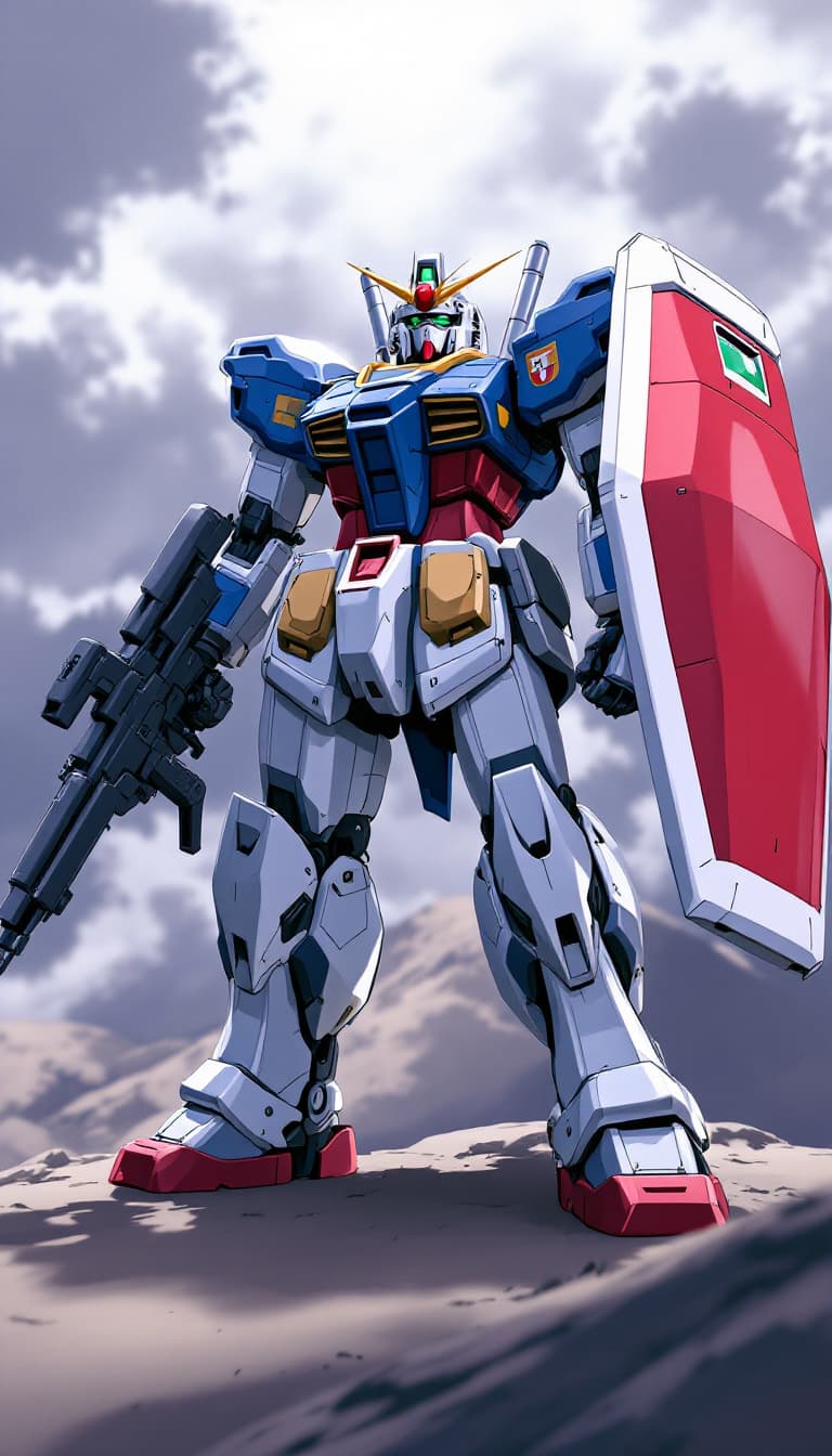 AI generated: illustration of RX-78-2 Gundam, with shield and weapon, in the style of Kunio Okawara, anime, Mobile...
