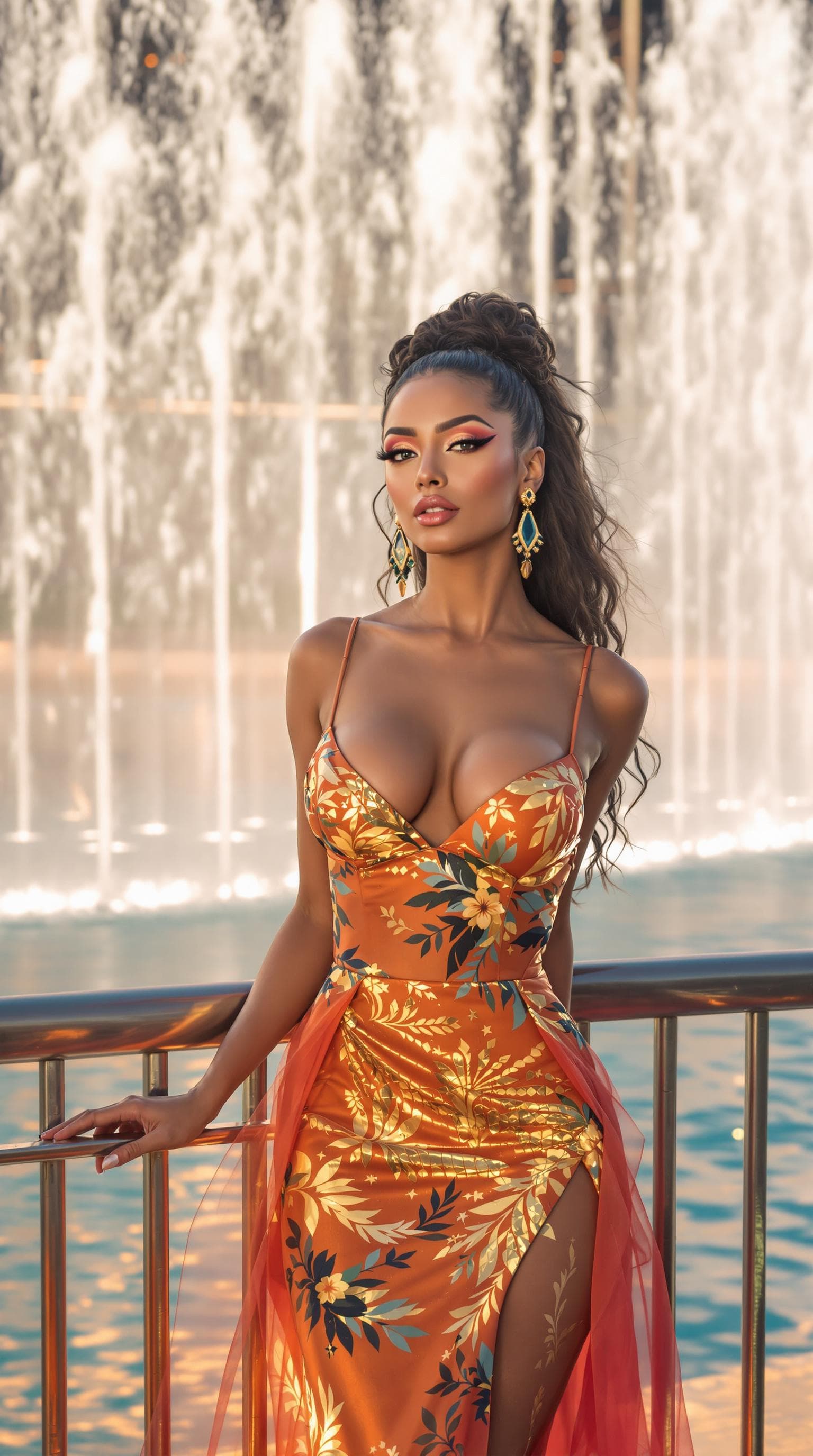 AI generated: 9. Exotische Schönheit bei den Dubai Fountain Shows**  
Eine exotische Frau mit leuchtendem Make-up ...