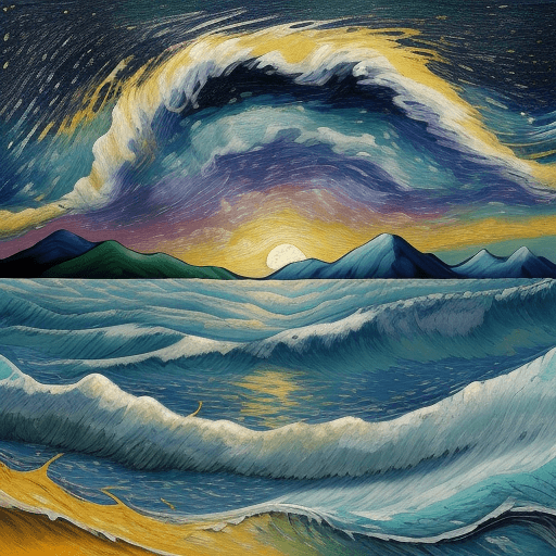 AI generated: mj, Van Gogh style, a sea and sunset, painted with bold and expressive brushstrokes reminiscent of V...