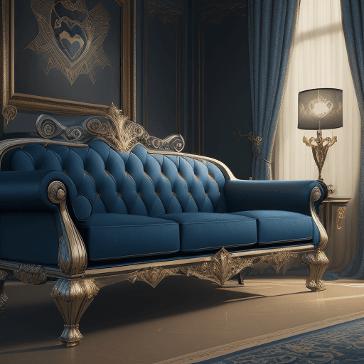AI generated: Sofa with the design and character of batman The sofa is gold and Blue dark, no watermark,no copyrig...
