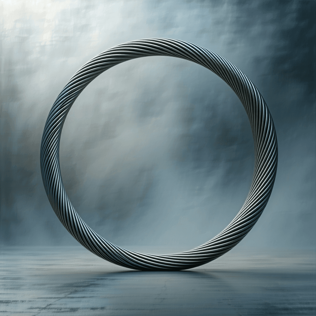 AI generated: i want an ellipse (horizontally tilted to see the ellipse) made of twisted metal with a dull shine a...