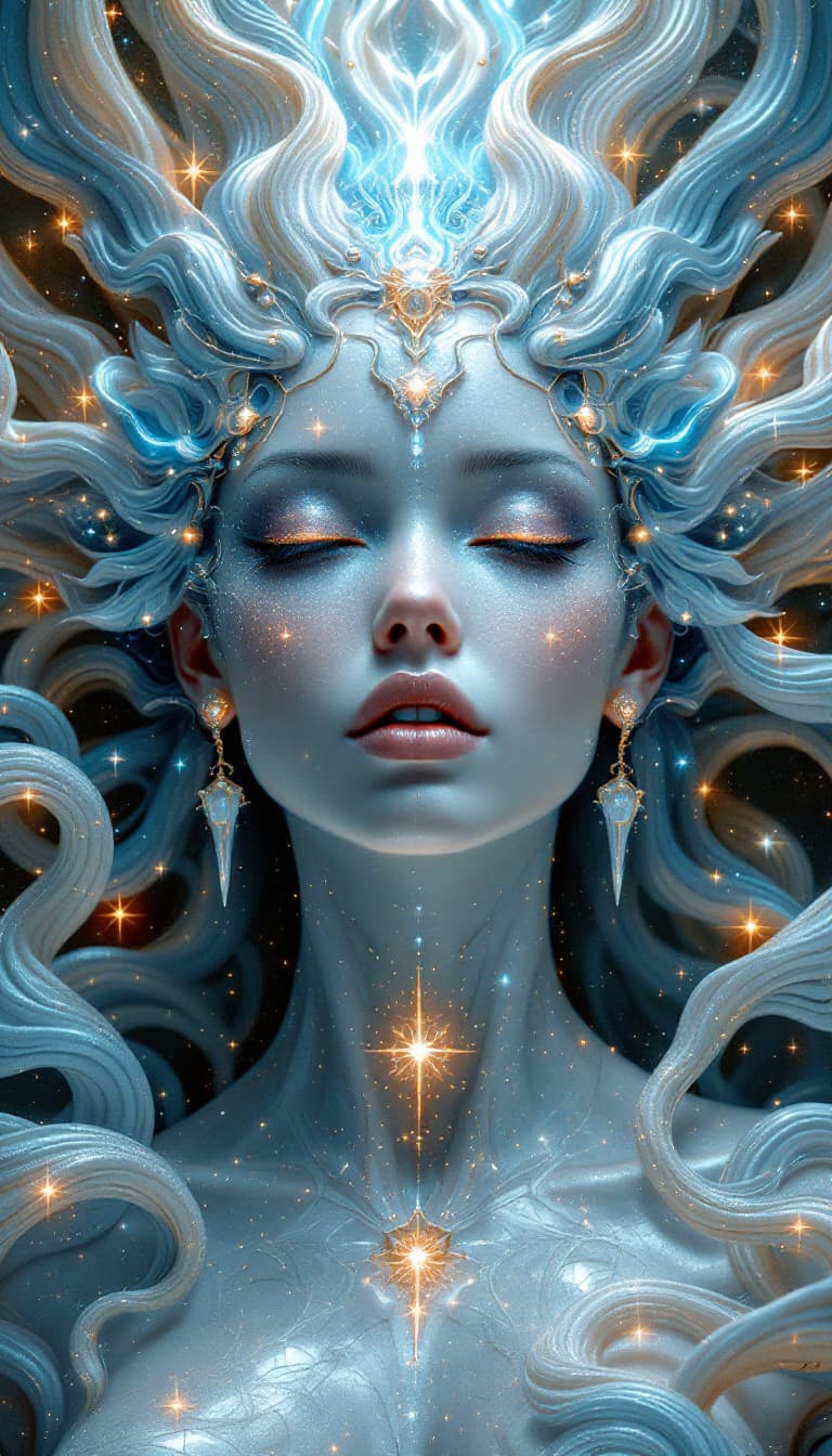 AI generated: Baroque Style, dreamlike hyperdetailed grunge art fantasy illustration featuring a celestial female ...