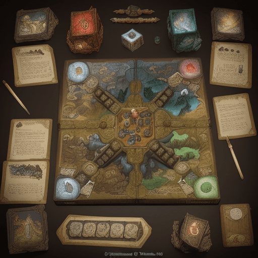 AI generated: board game, scrolls, books, fantasy, cubes, magicians, dragons, dungeoncinematic, masterpiece, art b...