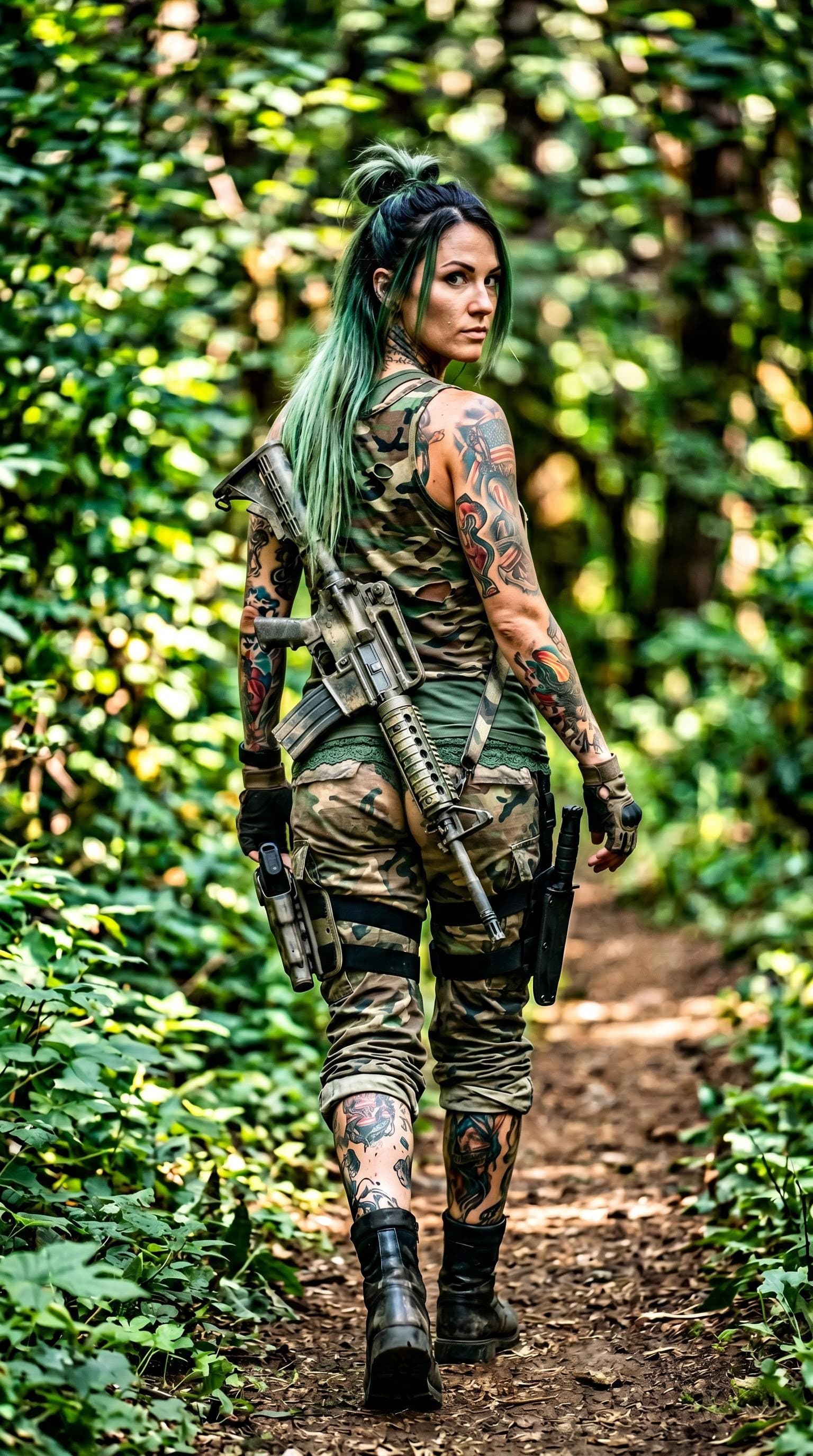 AI generated: Photorealistic, cinematic photograph of a fit and toned, gorgeous, American female soldier in a dens...