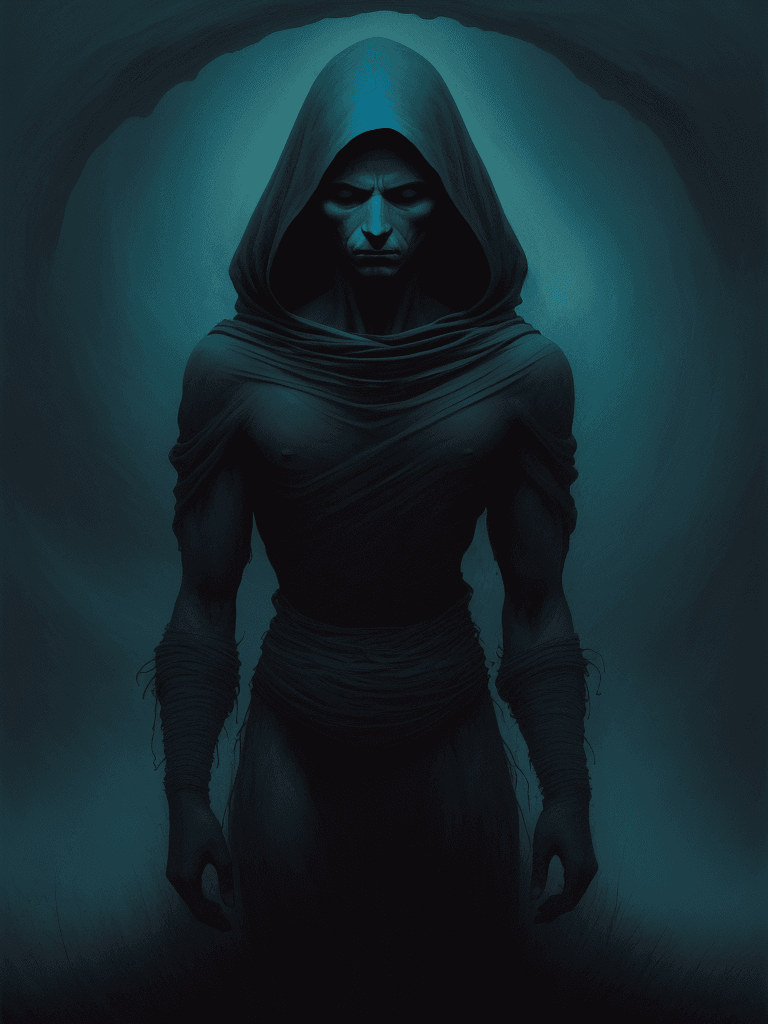 AI generated: Ilustración digital de Beksiński, un personaje, de cuerpo entero, azul oscuro y negro, composición d...